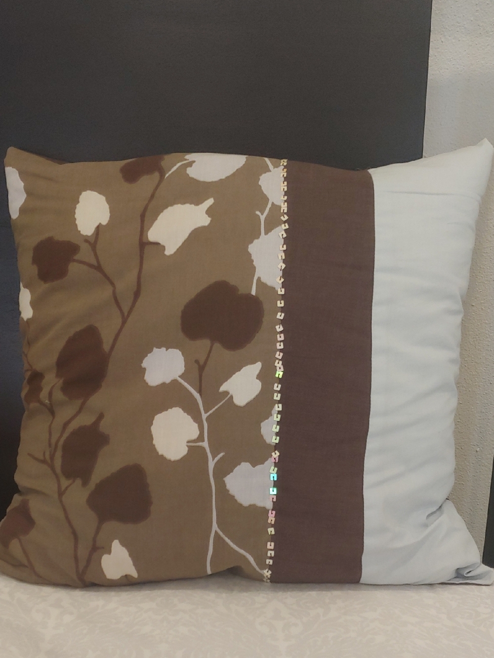 Brown, Cream and Blue Floral Accent Pillow with Sequin Trim